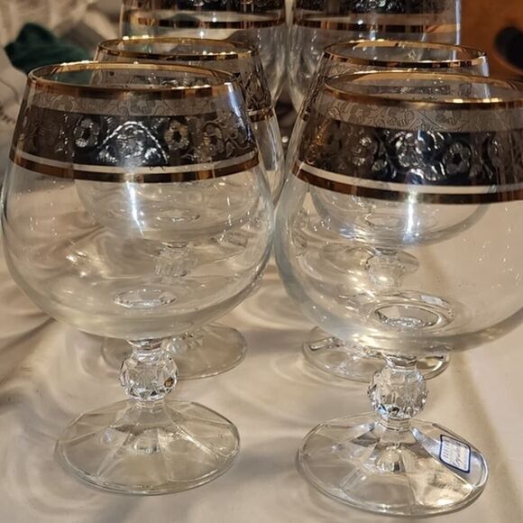 Set Of 8 Cristalline Bohemia Czech Crystalex Glasses Gold Rim 1970s Vintage - Picture 1 of 9